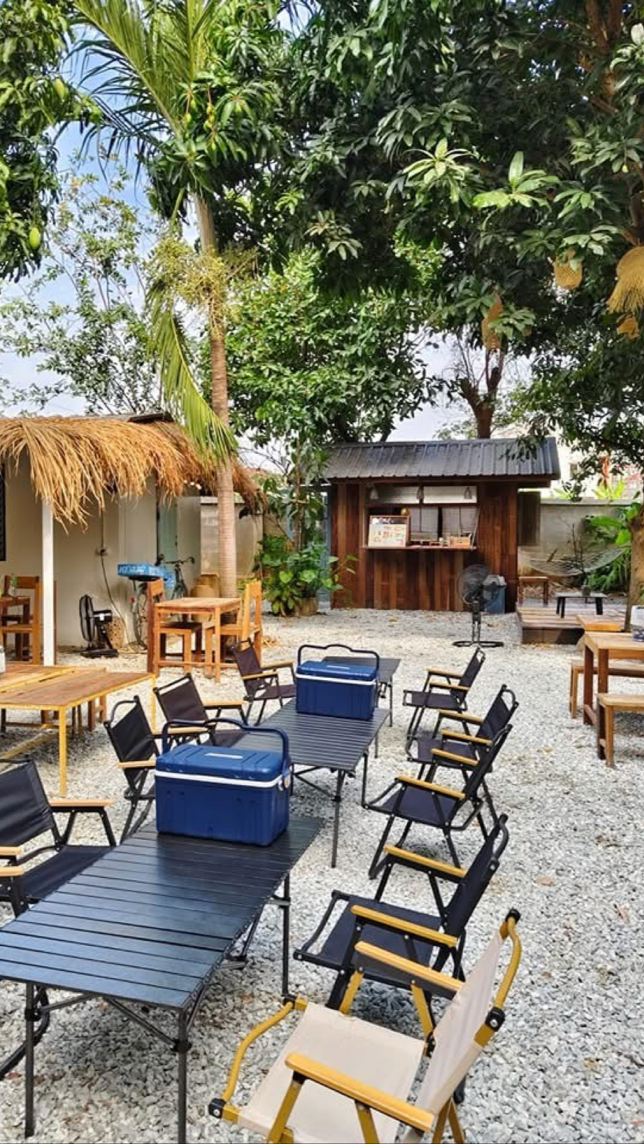 คาเฟ่สวนกลางแจ้งสไตล์แคมป์ปิ้ง มีเก้าอี้พับและโต๊ะพับพร้อมกระติกน้ำแข็งสีน้ำเงิน ใต้ร่มเงาต้นไม้ใหญ่ มีกระท่อมหลังคามุงจากและบาร์ไม้เล็กๆ