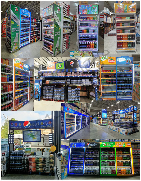 ชั้นวางสินค้าเครื่องดื่มเป๊ปซี่และเซเว่นอัพในร้านค้าและซูเปอร์มาร์เก็ต หลายมุมมอง