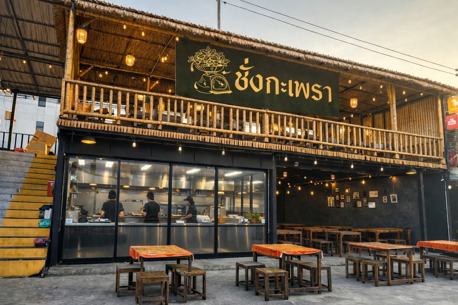 ร้านชั่งกะเพรา ภายนอกร้านสไตล์ไทยมีหลังคามุงจาก ราวไม้ไผ่ ไฟประดับสวยงาม มีโต๊ะเก้าอี้ไม้กลางแจ้ง และห้องครัวเปิดโล่งมองเห็นพ่อครัวทำอาหาร