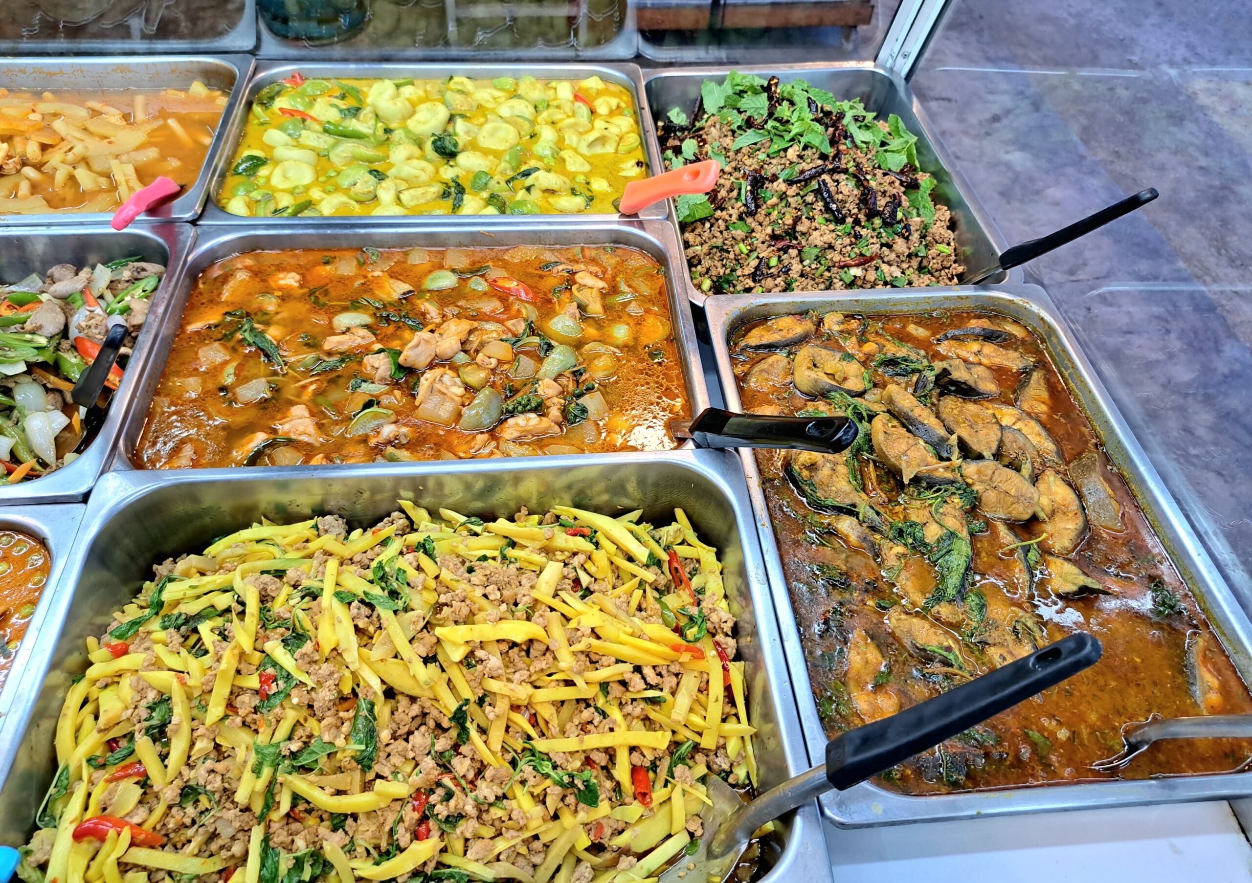 อาหารตามสั่งแบบข้าวราดแกงหลากชนิดในถาดสแตนเลส มีแกงเผ็ด ลาบ ผัดหน่อไม้ แกงปลา และแกงเขียวหวาน