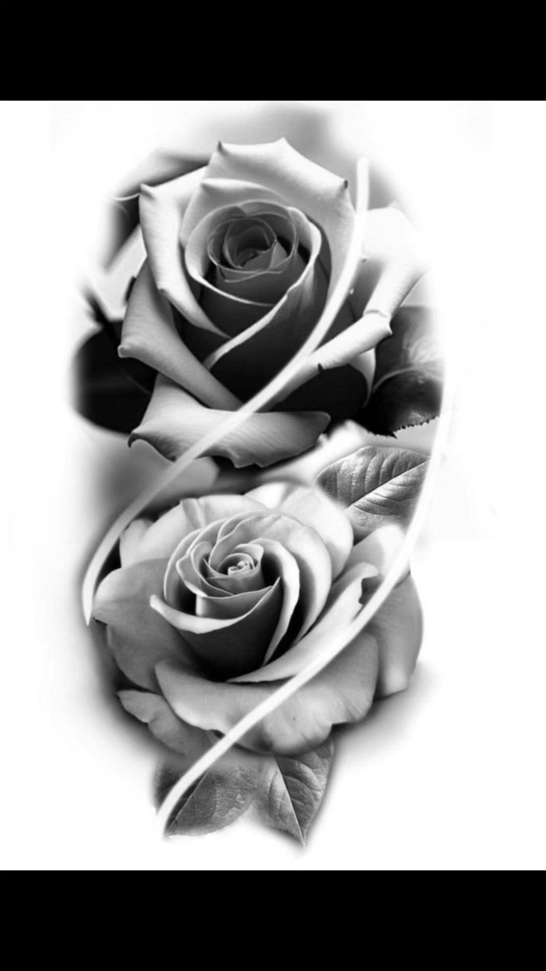 ภาพขาวดำของดอกกุหลาบสองดอกในสไตล์งานสักที่มีรายละเอียดสวยงาม