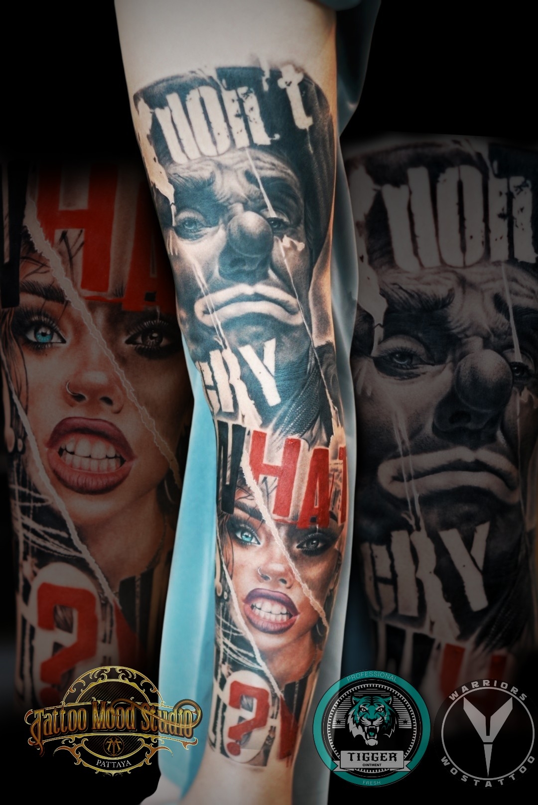 รอยสักแขนเต็มแขนสไตล์เรียลลิสติกจากร้าน Tattoo Mood Studio พัทยา มีภาพใบหน้าผู้ชายและผู้หญิงพร้อมตัวอักษร