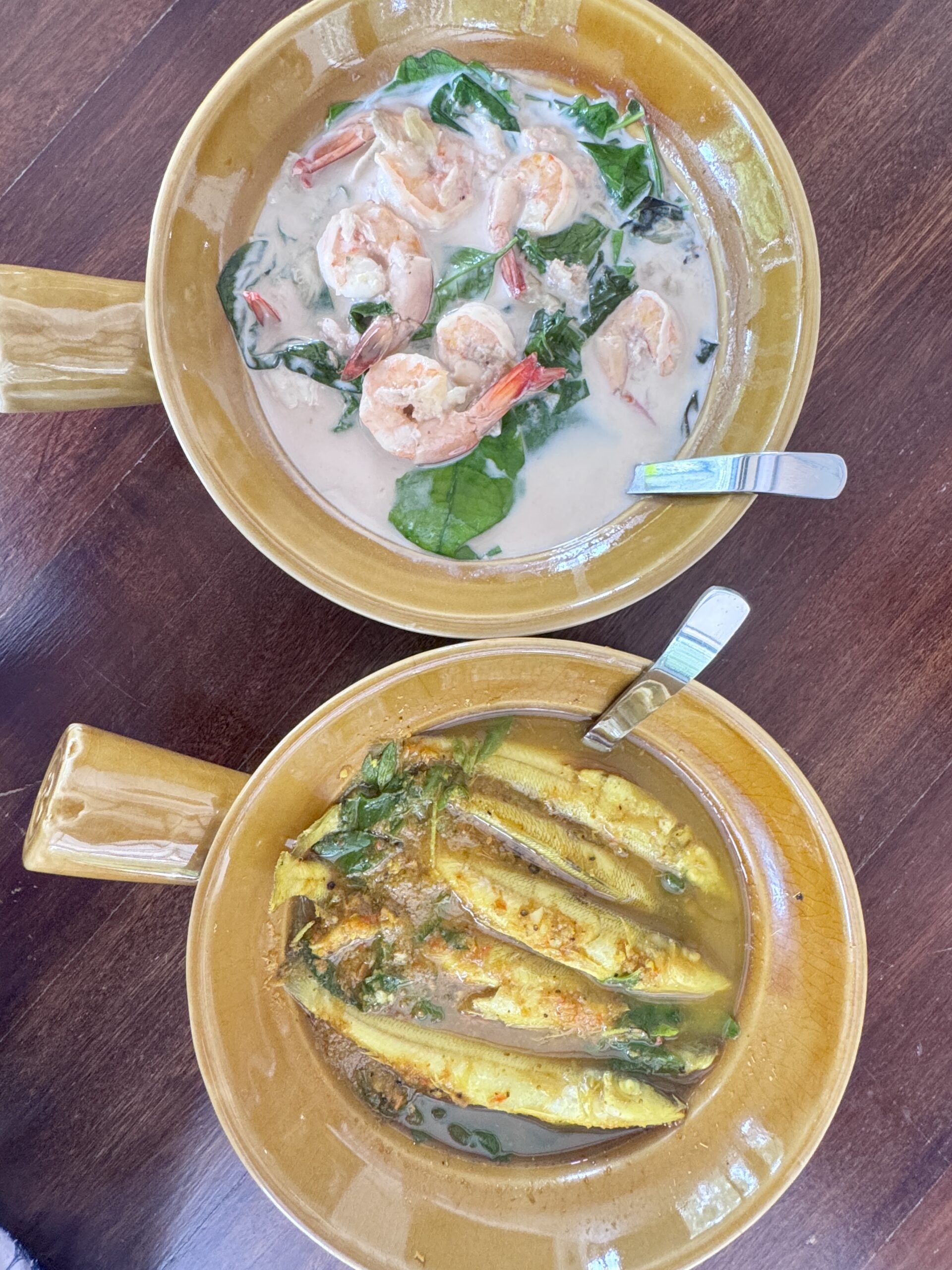 สองชามอาหารไทยในหม้อดินเคลือบสีน้ำตาล จานบนเป็นต้มข่ากุ้งใส่ใบโหระพา จานล่างเป็นแกงขมิ้นปลาสลิดใส่ใบโหระพา