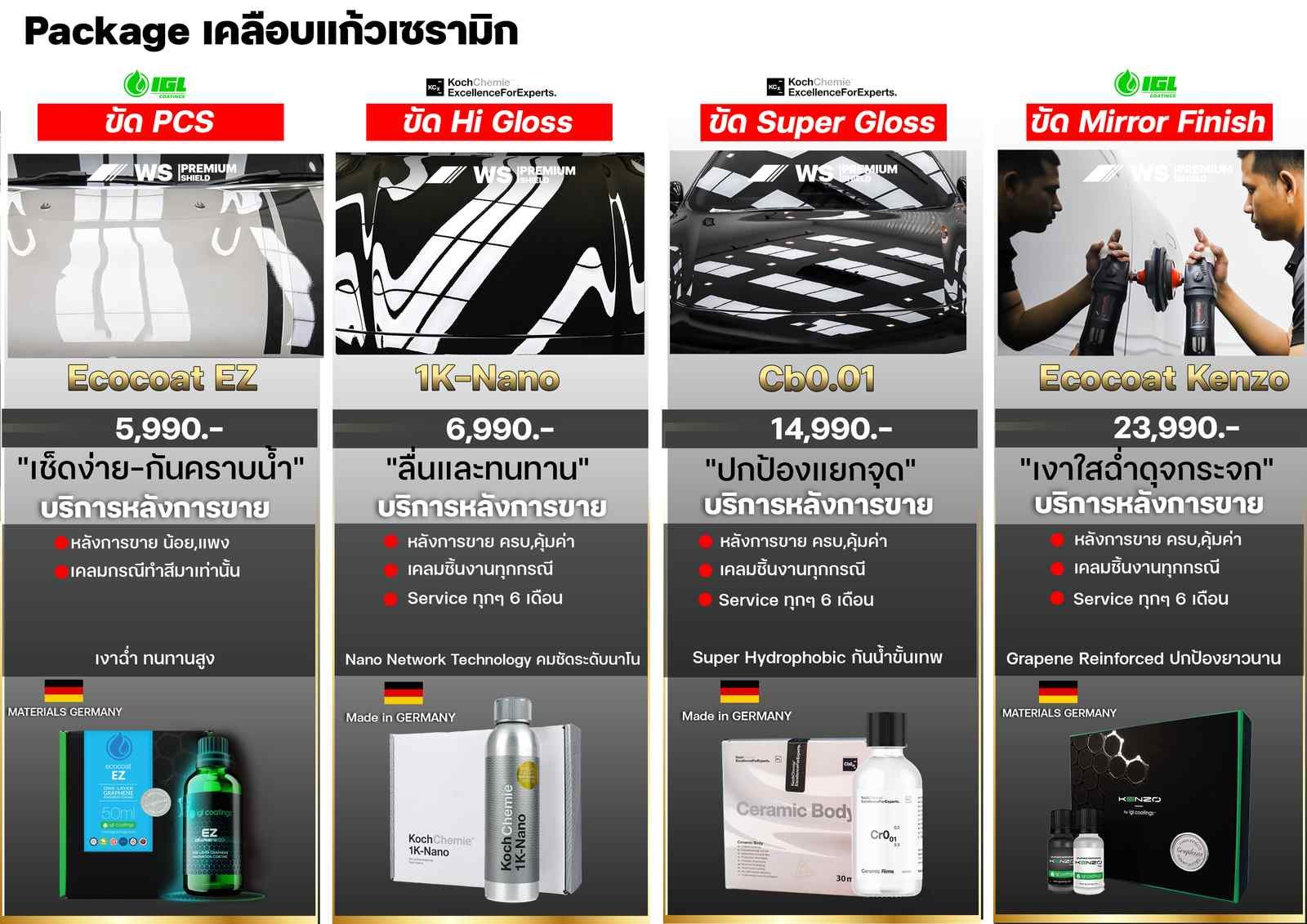 แพ็คเกจเคลือบแก้วเซรามิกรถยนต์ 4 ระดับ ตั้งแต่ Ecocoat EZ ราคา 5,990 บาท ถึง Ecocoat Kenzo ราคา 23,990 บาท จากเยอรมนี